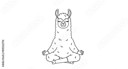 Calm alpaca sits in a lotus position with eyes closed while meditating peacefully in a simple black and white illustration ideal for mindfulness and relaxation themes.