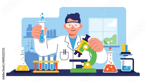 Scientists working in a modern research laboratory with test tubes and microscopes, flat vector illustration, ideal for science, research, and education concepts