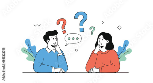 Two people sit across from each other at a table deep in thought while discussing a problem with colorful question marks floating above their heads.