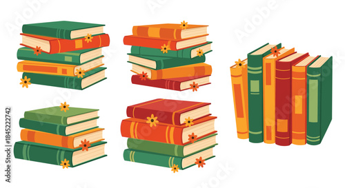 Colorful stacks of books arranged in varied orientations for study and reading and decorative display across multiple bright colors and sizes.