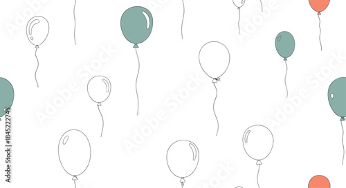 Playful celebration scene with teal and peach balloons drifting over a white background as delicate strings loop softly in a light minimalist design.