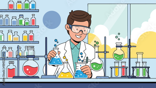 Chemistry experiment with flasks and liquid reactions in modern flat vector style, ideal for science education, laboratory research, and STEM visuals