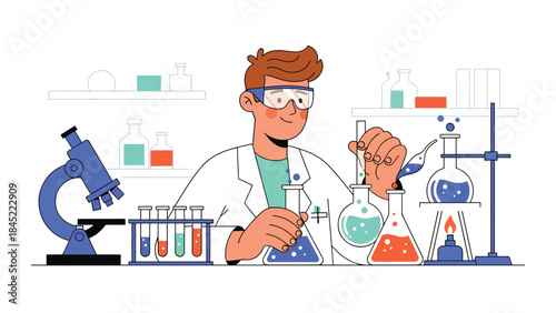 Chemistry experiment with flasks and liquid reactions in modern flat vector style, ideal for science education, laboratory research, and STEM visuals