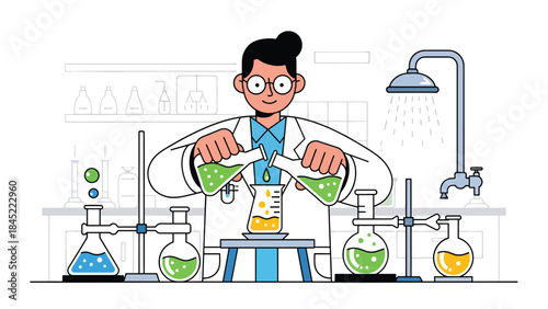 Chemistry experiment with flasks and liquid reactions in modern flat vector style, ideal for science education, laboratory research, and STEM visuals