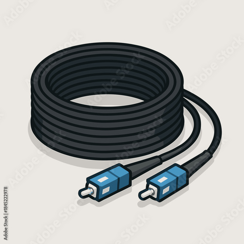 Coiled black fiber optic cable with blue connectors
