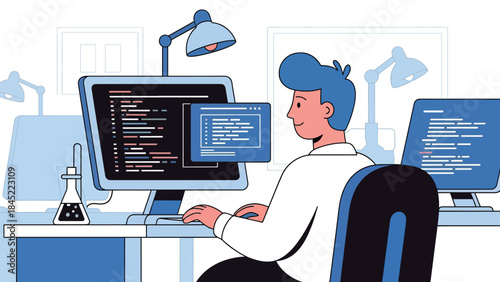 Flat illustration of a female software developer working at a desk with monitors, writing code, representing programming, remote work, and modern tech careers