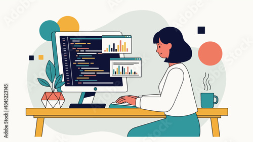 Flat illustration of a female software developer working at a desk with monitors, writing code, representing programming, remote work, and modern tech careers