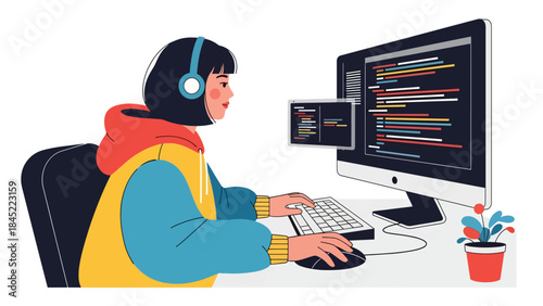 Flat illustration of a female software developer working at a desk with monitors, writing code, representing programming, remote work, and modern tech careers