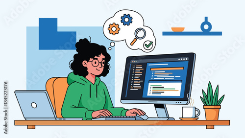 Flat illustration of a female software developer working at a desk with monitors, writing code, representing programming, remote work, and modern tech careers