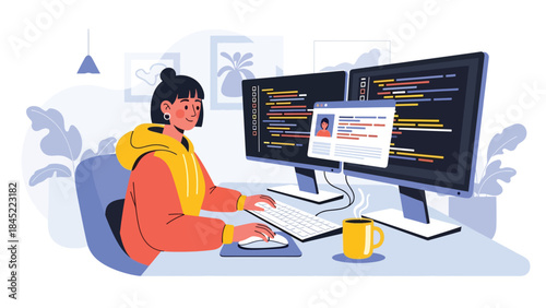 Flat illustration of a female software developer working at a desk with monitors, writing code, representing programming, remote work, and modern tech careers