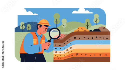 Vector illustration of a geologist examining rock layers outdoors with tools, representing geology research, mineral exploration, and fieldwork education in a natural landscape