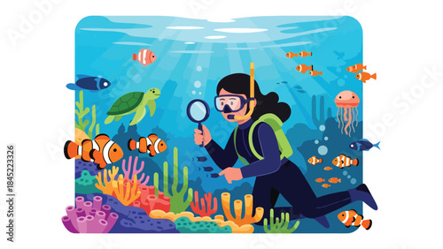 Vector illustration of a marine biologist scuba diving underwater, studying sea life with a magnifying glass, symbolizing ocean research, marine education, and environmental conservation
