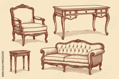 Vintage Furniture: Elegant Armchair, Desk, Sofa, and Table Drawings