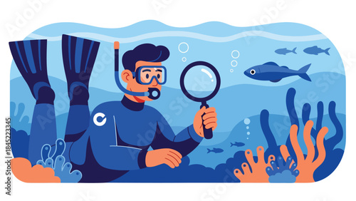Vector illustration of a marine biologist scuba diving underwater, studying sea life with a magnifying glass, symbolizing ocean research, marine education, and environmental conservation