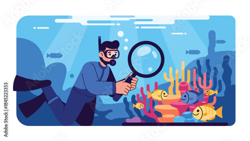 Vector illustration of a marine biologist scuba diving underwater, studying sea life with a magnifying glass, symbolizing ocean research, marine education, and environmental conservation