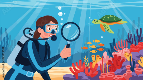 Vector illustration of a marine biologist scuba diving underwater, studying sea life with a magnifying glass, symbolizing ocean research, marine education, and environmental conservation