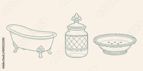 Vintage Bathroom Accessories: Bathtub, Jar, and Soap Dish Illustrations