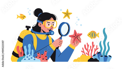Vector illustration of a marine biologist scuba diving underwater, studying sea life with a magnifying glass, symbolizing ocean research, marine education, and environmental conservation