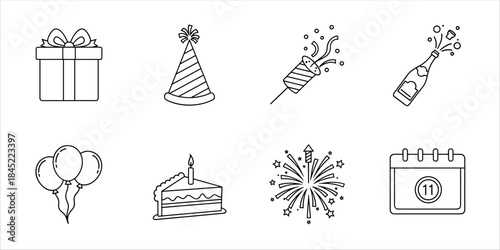 Party and celebration line icons – gift, cake, balloons, fireworks, hat, champagne, calendar.