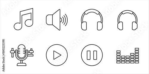 Music and audio line icons – note, headphones, mic, play, pause, volume, podcast, equalizer.