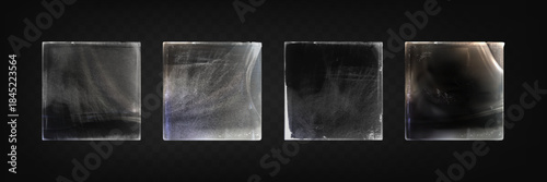 Vinyl plastic wraps with realistic wrinkles and creases on dark bg. Clear polyethylene film covers with glossy texture, scratches and distressed surface effects - mockup sleeves for CD album packaging