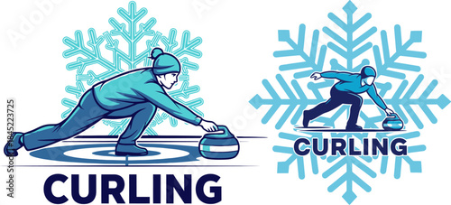 Abstract vector illustration of a man and woman business silhouette near a warning sign for success in curling sports and action