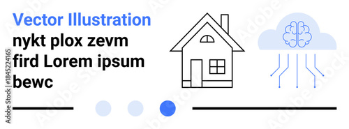 House with gable roof next to an AI-inspired brain cloud and circuit lines, emphasizing technology integration. Ideal for smart homes, IoT, automation, AI, cloud computing, modern living, simple