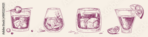 Vintage cocktail glass collection in sketch style. Hand drawn alcohol drink illustrations with line art vodka and whiskey bar beverage icons. Retro engraved vector elegant menu and party designs.