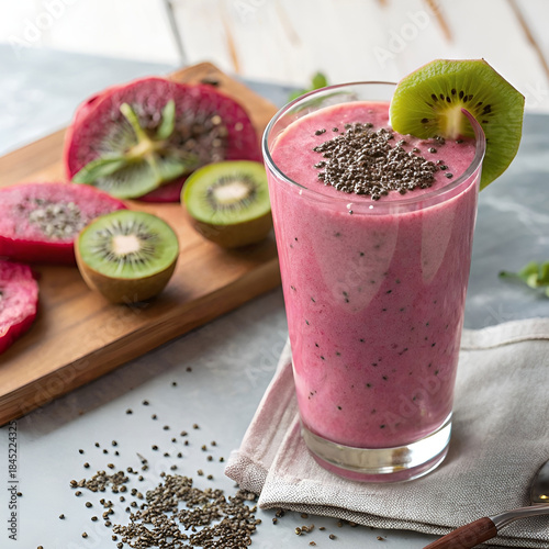 a photorealistic shot of a glass of pink pitaya drink
