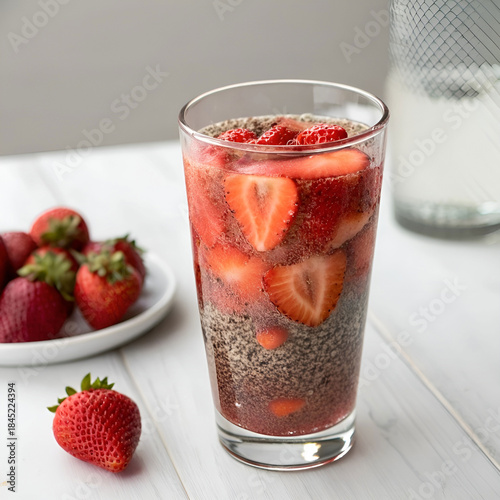 a photorealistic shot of a glass of strawberry chia smoothie