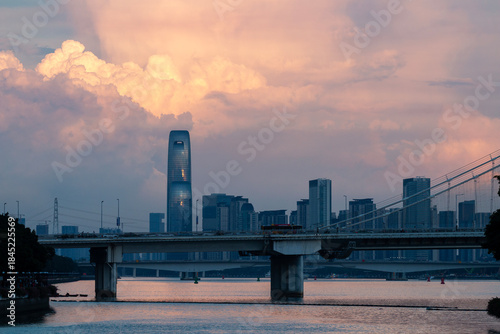 sunset over the city in autumn