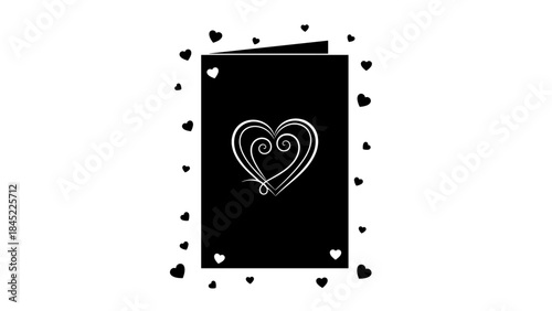 Black greeting card with heart design and decorative hearts around, Valentine's Day  