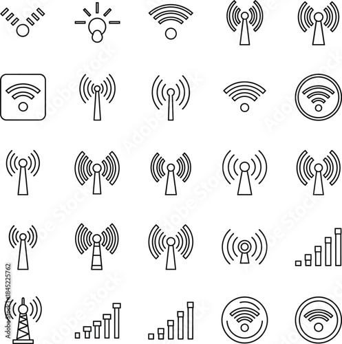 Wireless signal and network outline icon set featuring WiFi, antennas, connectivity, strength levels, and communication symbols
