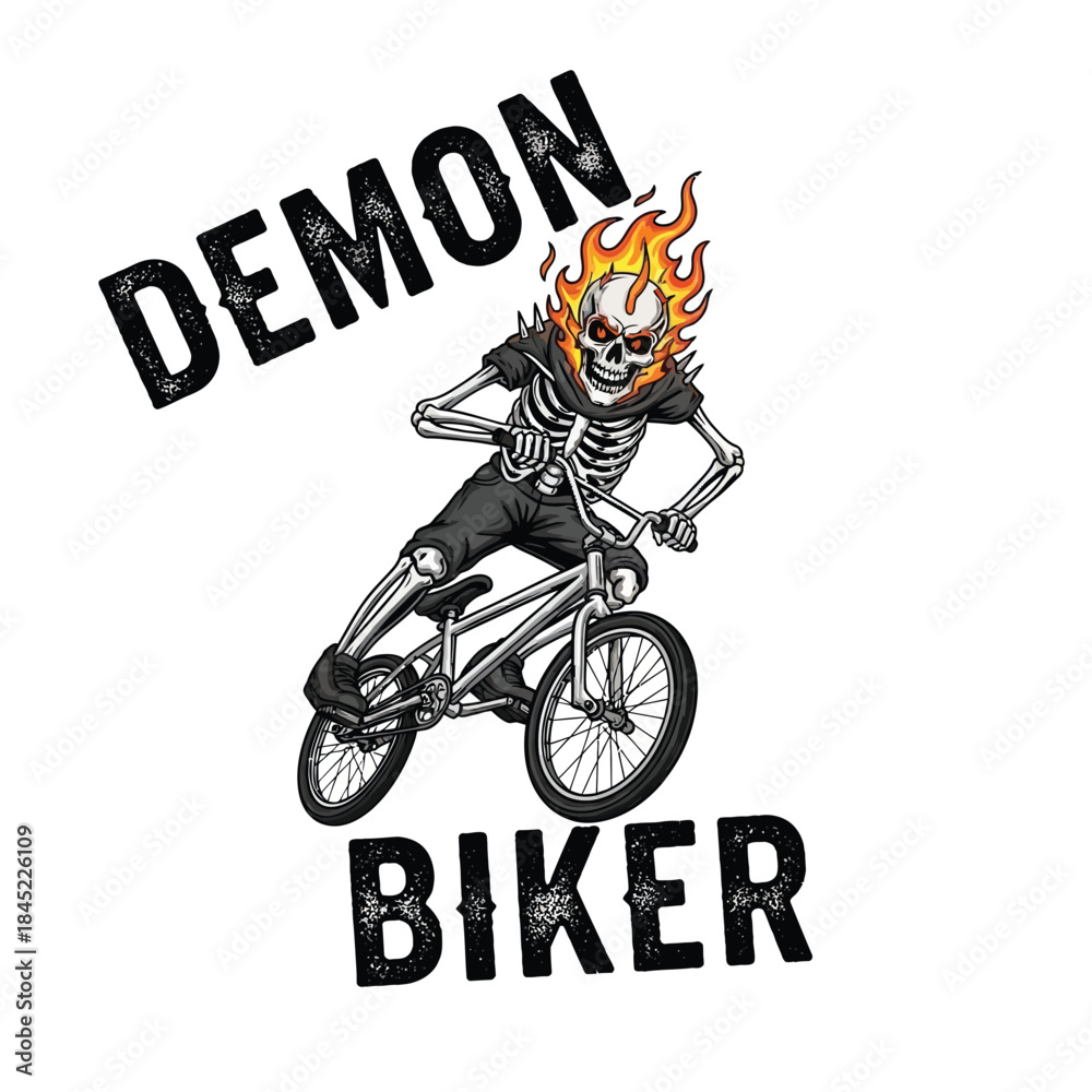 Fototapeta premium A fiery-headed skeleton riding a BMX bike with 'DEMON BIKER' text, in a grunge illustration style.