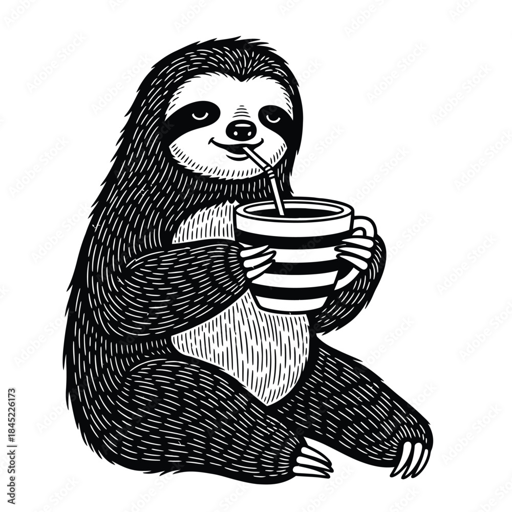 Obraz premium A cute black and white linocut illustration of a happy sloth sitting and drinking from a striped mug with a straw.