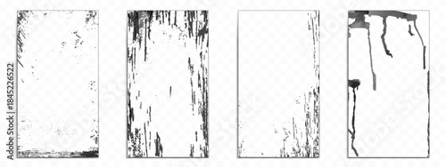 Grunge spray paint overlay set with black ink splatter effects and distressed texture elements. Rough brush strokes, grainy spots and grungy spray patterns for poster design and creative projects.