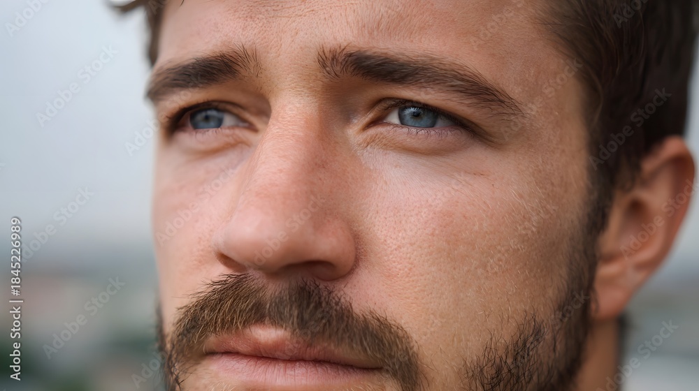 Obraz premium Close up portrait of a pensive Caucasian man with striking blue eyes beard stubble and a furrowed brow looking thoughtfully into the distance under