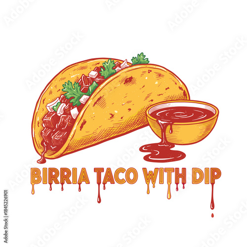 Birria Taco with Dip Illustration.Vintage Mexican Street Food Art.Engraving Style Taco Vector.Delicious Birria Consomme Dip.Retro Food Truck Logo Desi