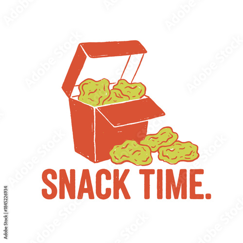 Snack Time Food Box Art.Vintage Takeout Container.Hand Drawn Snack Graphic.Fast Food Nuggets Design.Rustic Meal Box Emblem