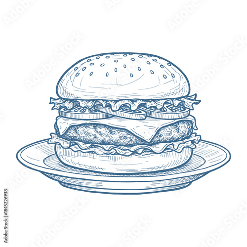 Hand drawn burger sketch.Vintage cheeseburger on plate.Line art fast food menu item.Engraved style hamburger graphic.Retro cafe food drawing