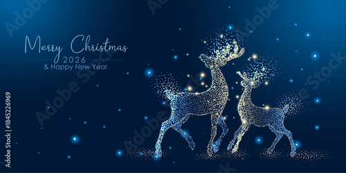 Abstract Merry Christmas and New Year design holiday card with Christmas reindeers made of dots.