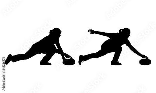 Silhouette of a female curler in a dynamic pose, preparing to release a curling stone