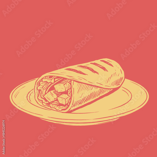 Vintage Burrito Wrap Illustration.Engraved Mexican Food Icon.Retro Style Tacos Burrito.Street Food Graphic Design.Wrap Sandwich on a Plate