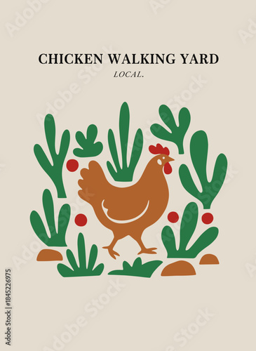 Chicken walking yard poster.Minimalist hen farm art.Abstract poultry illustration.Organic local farm design.Earth tone rustic animal
