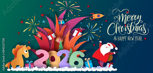 New year and Merry Christmas advertising design. Santa Claus with gift box and fireworks over big letters 2026 on blue background