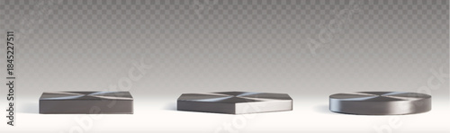 Silver metal podium set with 3d steel platform stages - square, hexagonal and circular pedestal stands on transparent background. Minimalist chrome product display mockup for showcase presentations.