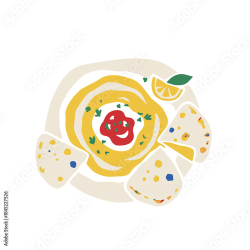 Abstract Hummus Plate.Mediterranean Food Dip.Flatbread and Hummus Art.Modern Cutout Food Style.Folk Art Appetizer Vector