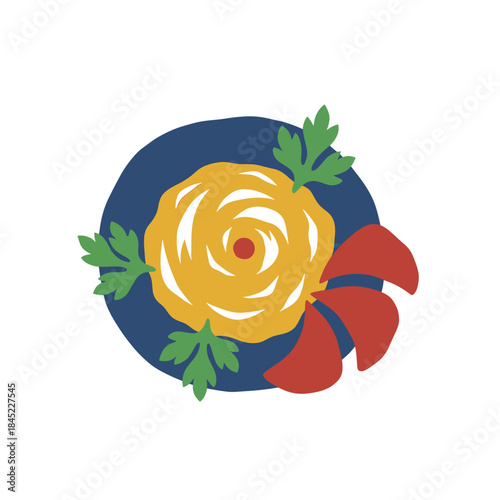 Abstract Food Art Plate.Paper Cut Flower Dish.Collage Style Gourmet Meal.Flat Color Floral Cuisine.Simple Restaurant Icon