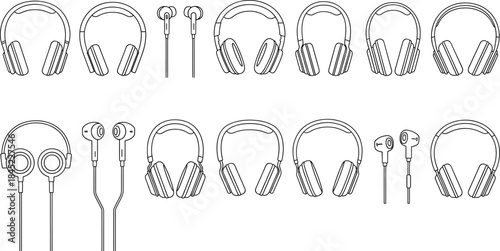 Headphones and earphones outline icon set featuring over ear headsets, earbuds, and audio listening devices