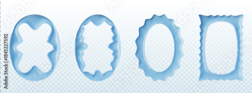 Blue Y2K wavy border frame with scallop edge and squiggly shape. 3D vector design with corrugated curves, zigzag patterns and organic wiggle elements for trendy graphic projects and retro collages.